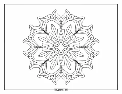 Blumenmandala-Ausmalbild für Kinder: Ein Blumenmandala mit Blütenblatt-Bögen und Blattakzenten in einem kräftigen, klaren Stil