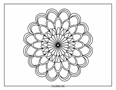 Blumenmandala-Ausmalbild für Kinder: Ein fröhliches Blütenblatt-Mandala mit wechselnden Formen und kräftigen, einfachen Ebenen