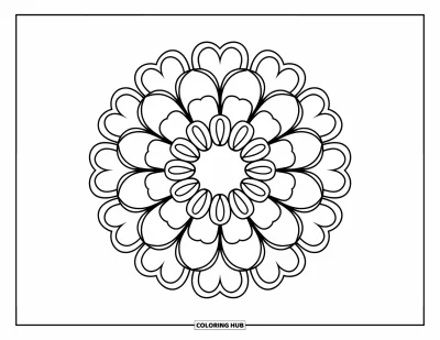 Blumenmandala-Ausmalbild für Kinder: Ein Herzblüten-Mandala im Ring angeordnet mit kräftigen, einfachen Linien
