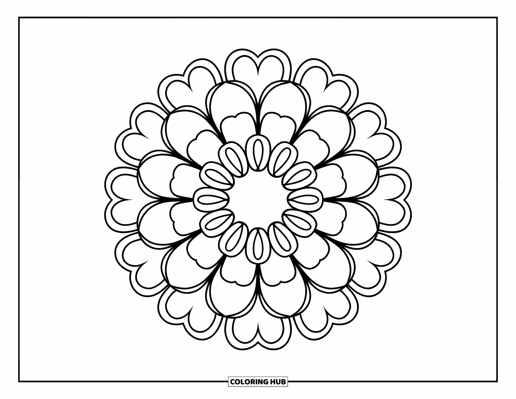Bloemen Mandala Kleurplaat voor Kinderen: Een hartbloemblad mandala gerangschikt in een ring met dikke, eenvoudige lijnen