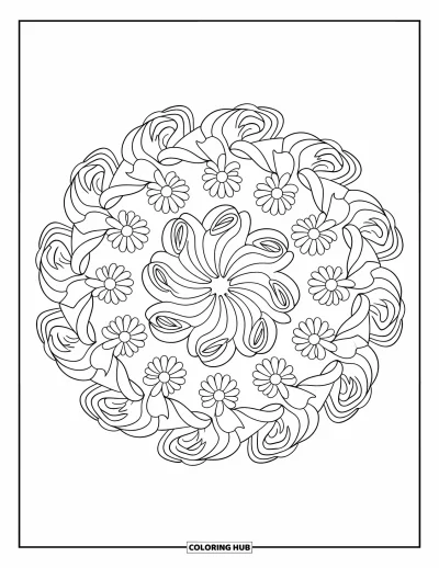 Blumenmandala-Ausmalbild für Kinder: Ein kinderfreundliches Mandala mit Rosen, Gänseblümchen und wirbelnden Blumendetails