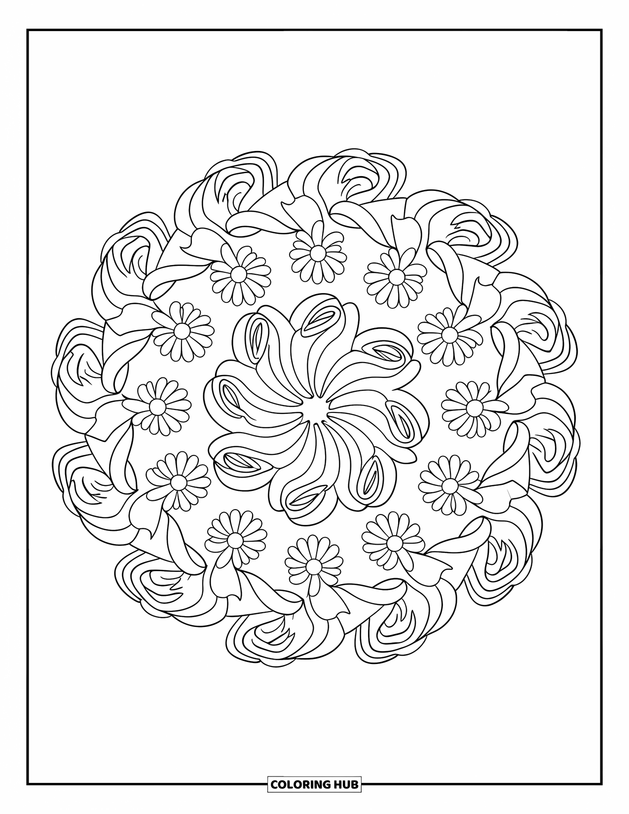 Bloemen Mandala Kleurplaat voor Kinderen: Een kindvriendelijke mandala met rozen, madeliefjes en wervelende bloemendetails