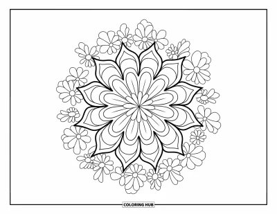 Blumenmandala-Ausmalbild für Kinder: Ein geschichtetes Blumenmandala blüht nach außen mit kleineren Blumen ringsum