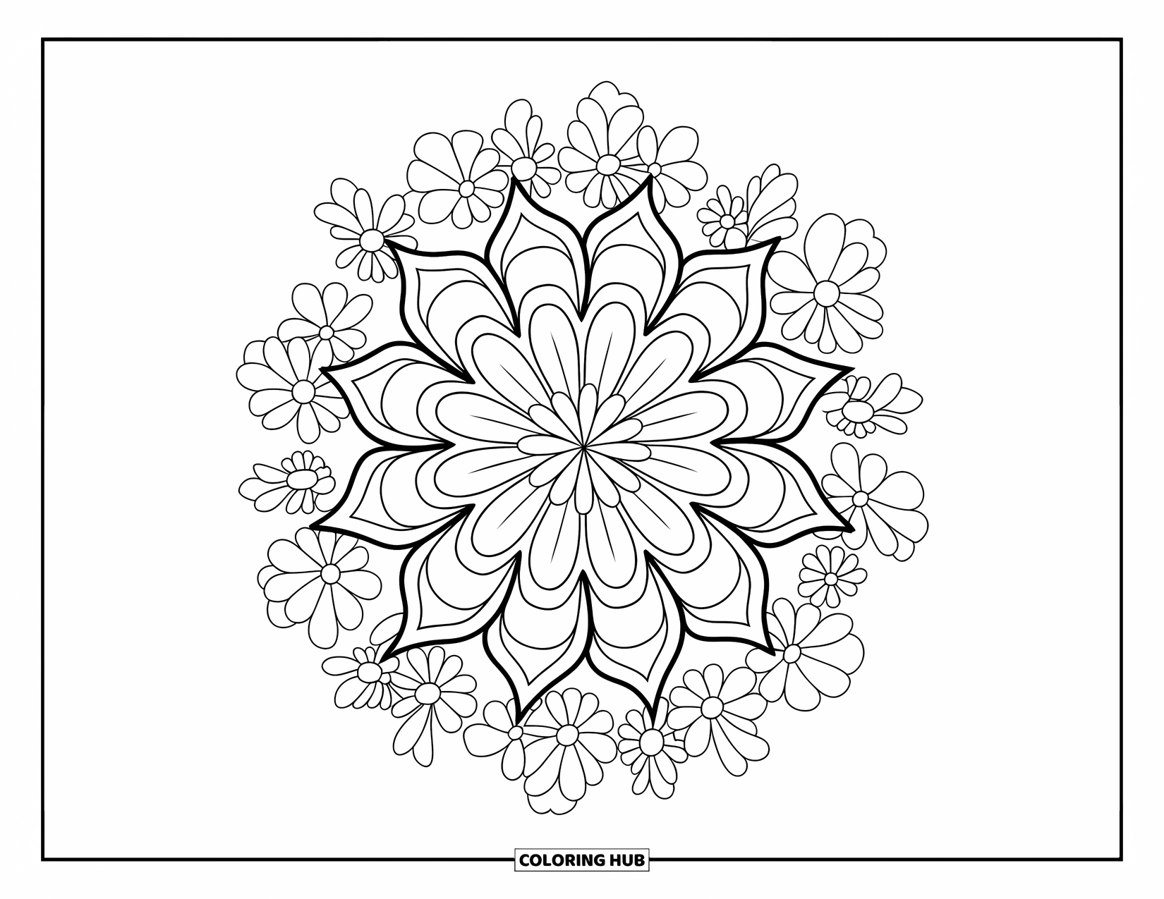 Bloemen Mandala Kleurplaat voor Kinderen: Een gelaagde bloemen mandala bloeit naar buiten met kleinere bloemen eromheen
