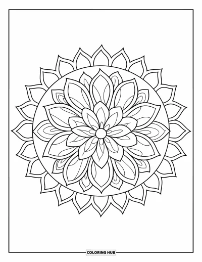 Blumenmandala-Ausmalbild für Kinder: Ein geschichtetes Lotusmandala mit Blattdetails und kinderfreundlichen Mustern