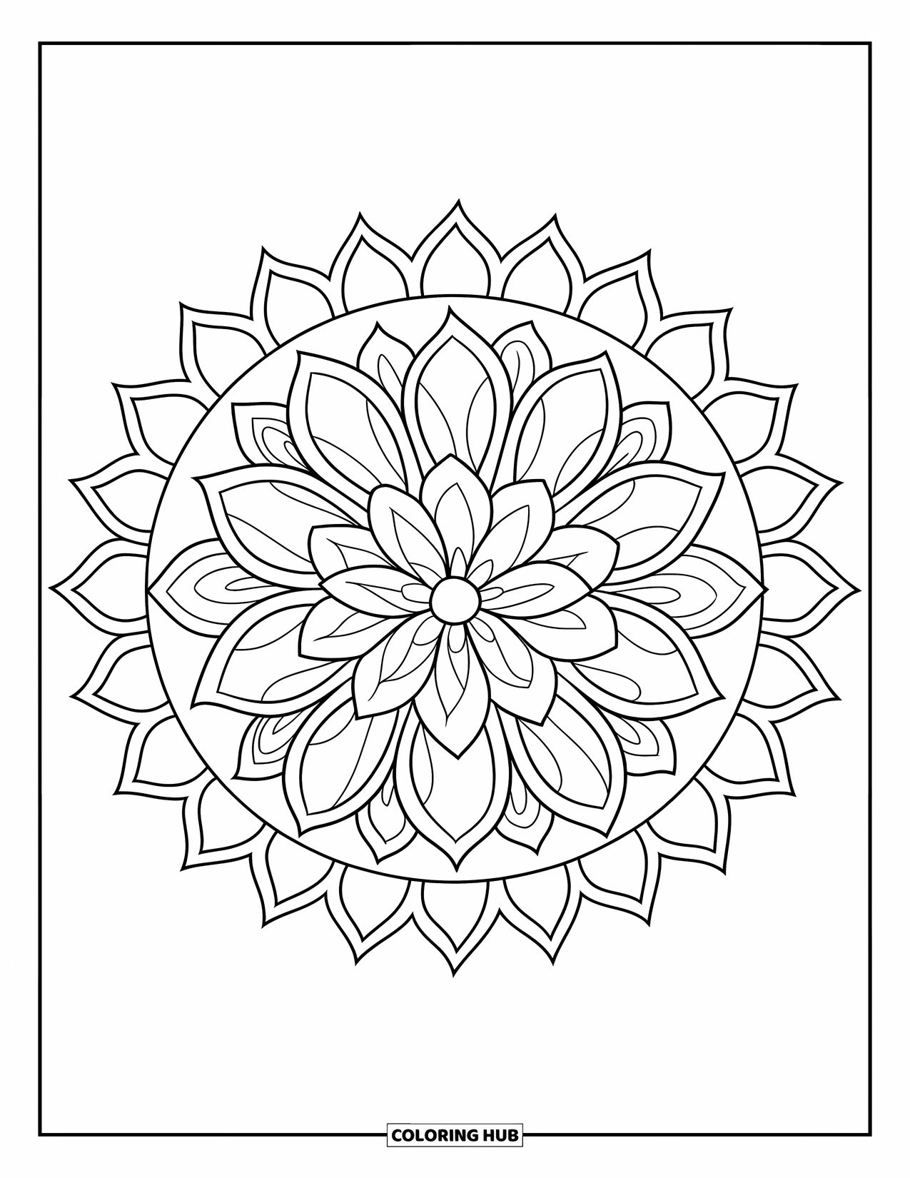 Bloemen Mandala Kleurplaat voor Kinderen: Een gelaagde lotus mandala met blad details en kindvriendelijke patronen