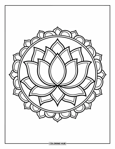 Blumenmandala-Ausmalbild für Kinder: Ein Lotusmandala im kräftigen, klaren Stil mit Blütenblatt-Ebenen und blättrigen Rändern