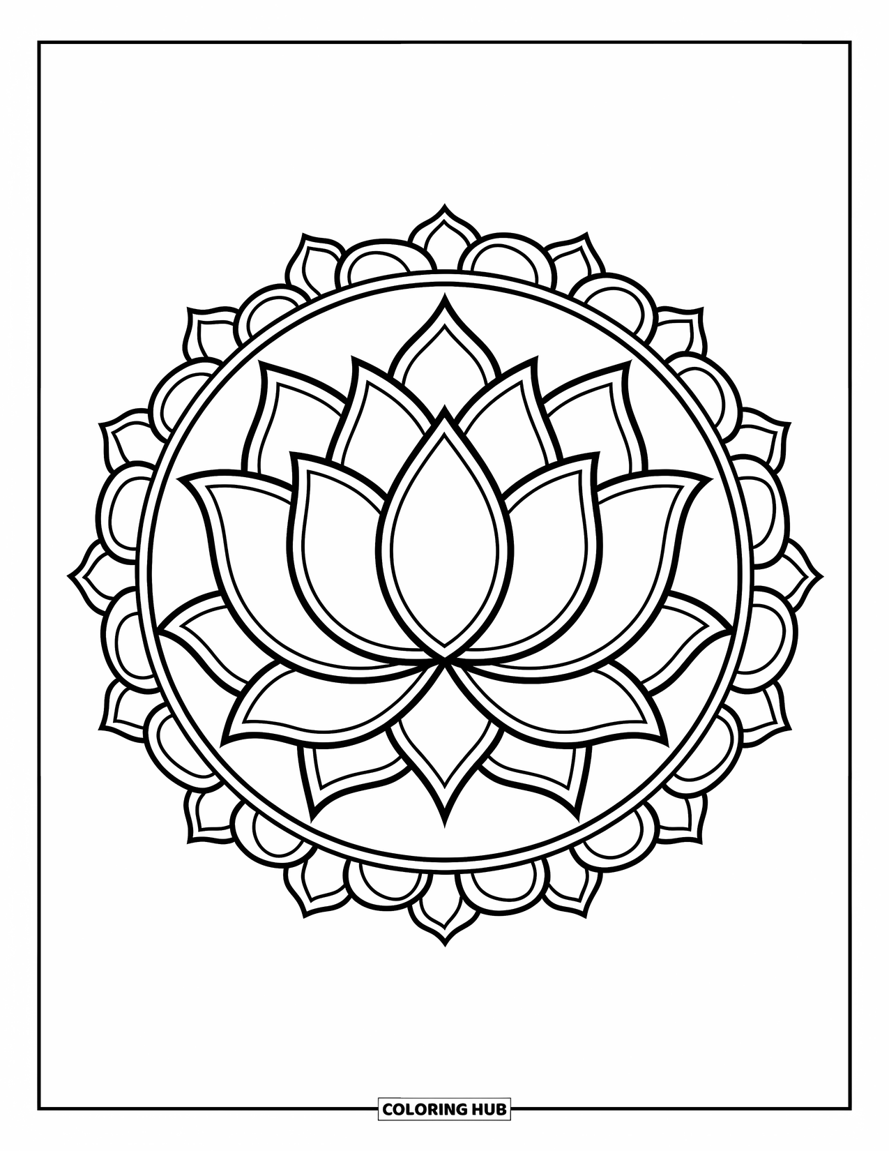 Bloemen Mandala Kleurplaat voor Kinderen: Een lotus mandala in een dikke, strakke stijl met bloembladlagen en bladerige randen