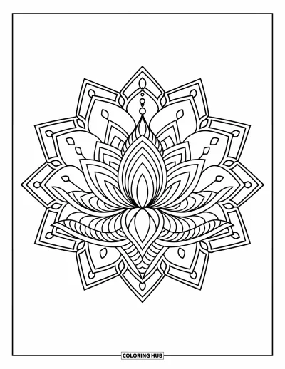 Blumenmandala-Ausmalbild für Kinder: Ein Lotusmandala trifft auf Rautenformen in einem Mix aus Blumen- und Geometriestil