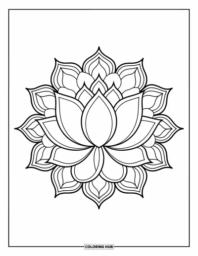 Blumenmandala-Ausmalbild für Kinder: Ein Lotusmandala mit kräftigen Blütenblatt-Linien in einem klaren, einfachen Design
