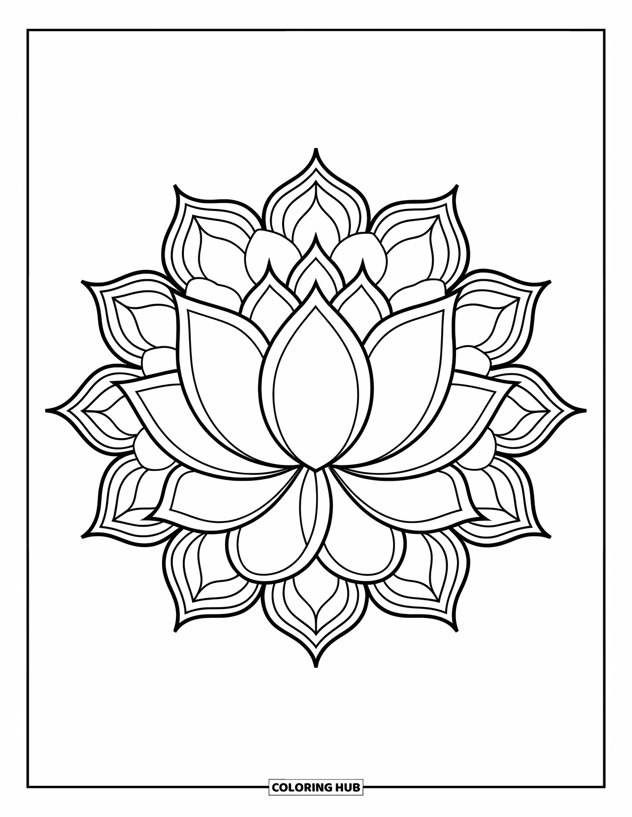 Bloemen Mandala Kleurplaat voor Kinderen: Een lotus mandala met dikke bloembladlijnen in een strak, eenvoudig ontwerp