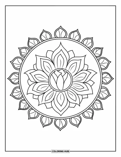 Blumenmandala-Ausmalbild für Kinder: Ein Lotusmandala mit geschichteten Blütenblättern und blättrigen Rändern in einem kräftigen Kreis