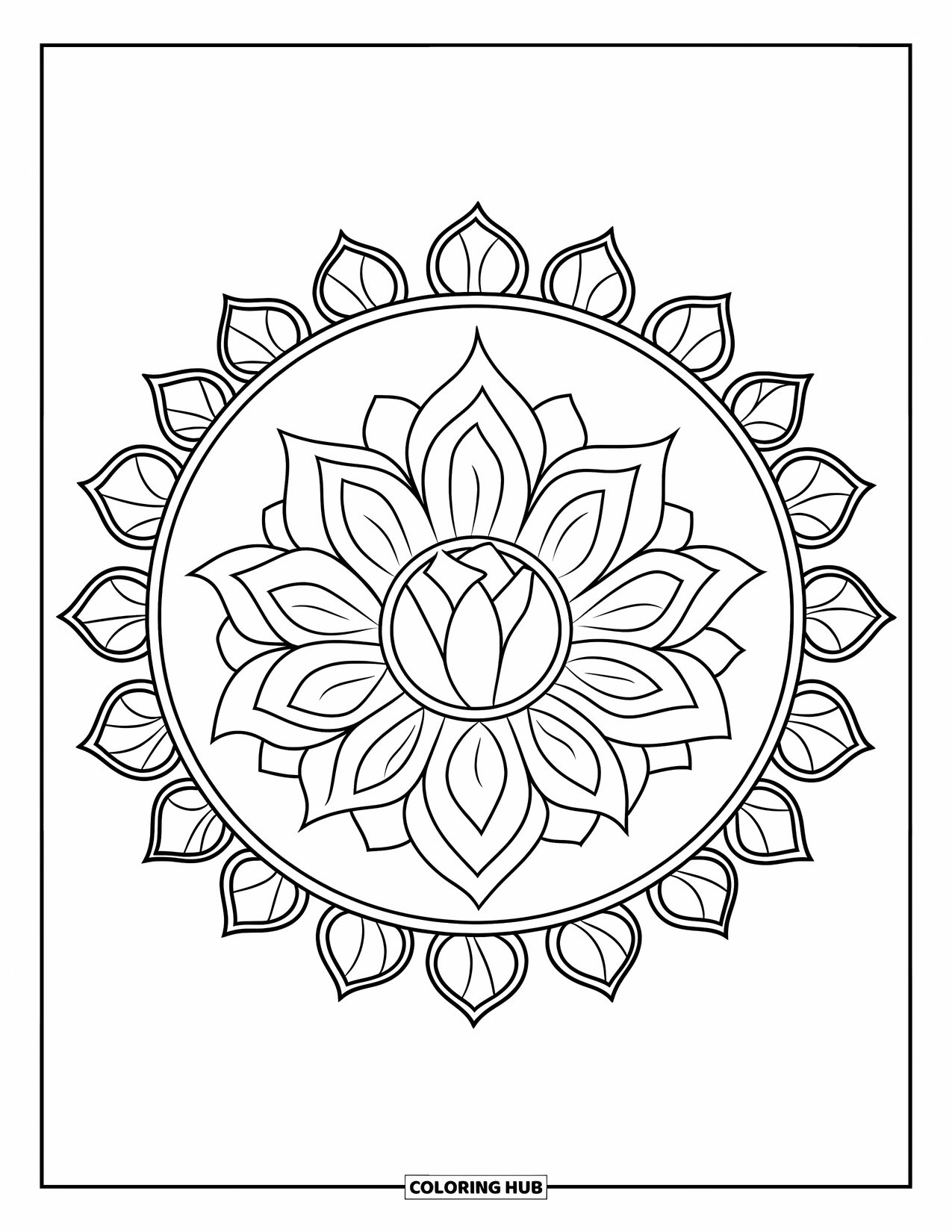 Bloemen Mandala Kleurplaat voor Kinderen: Een lotus mandala met gelaagde bloemblaadjes en bladerige randen in een dikke cirkel
