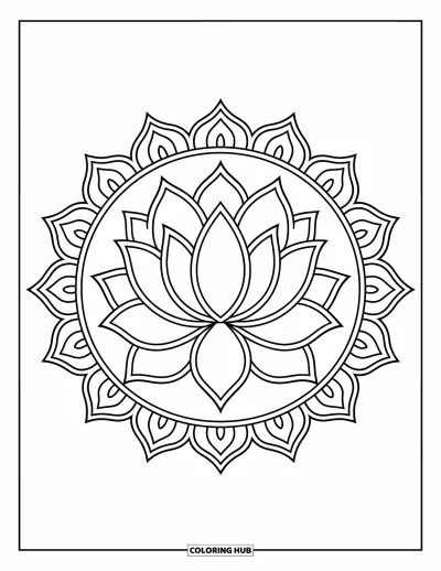 Blumenmandala-Ausmalbild für Kinder: Ein Lotus sitzt in der Mitte eines blättrigen Mandalas mit klar umrandeten Formen