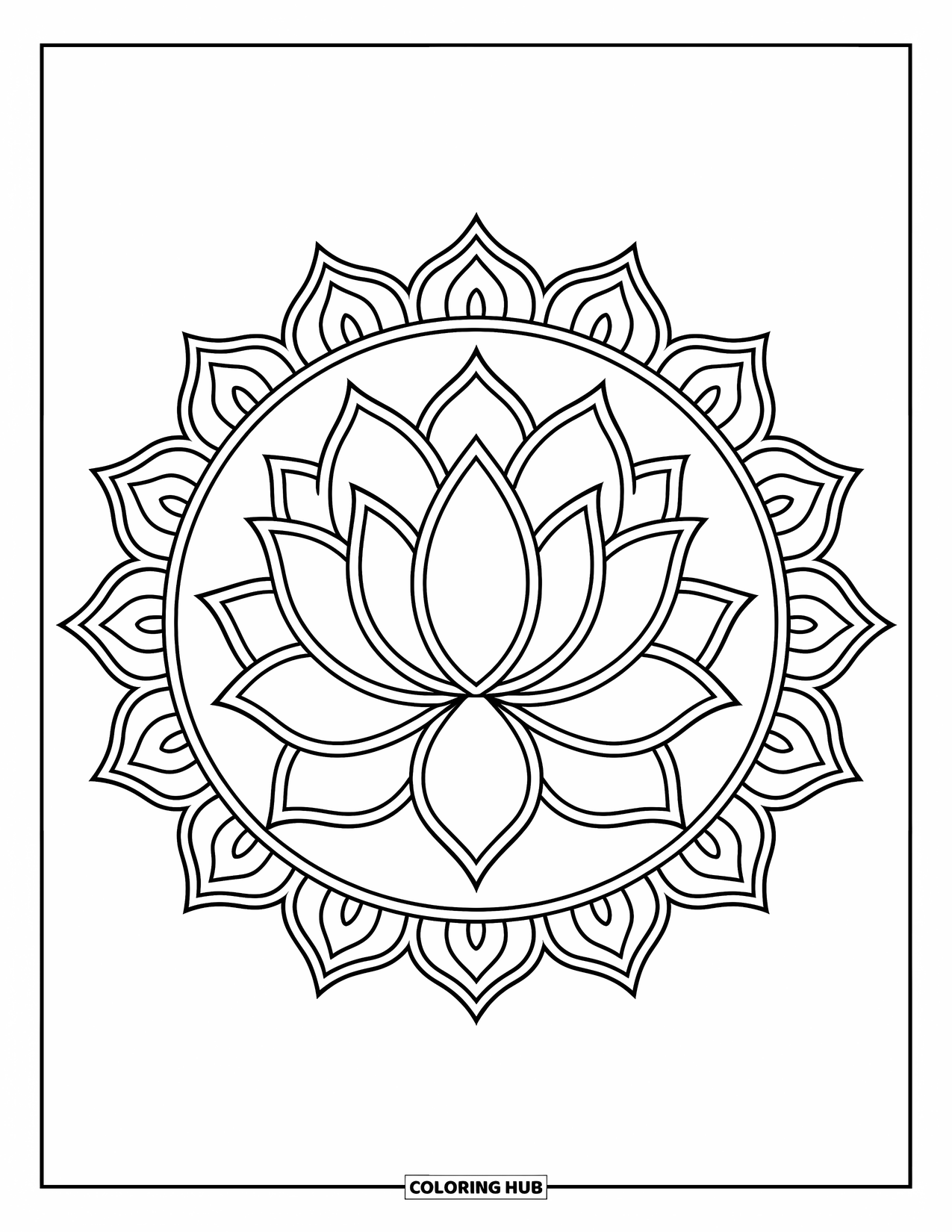 Bloemen Mandala Kleurplaat voor Kinderen: Een lotus zit in het midden van een bladerige mandala met strakke, omlijnde vormen