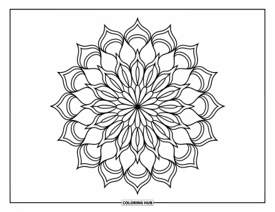Blumenmandala-Ausmalbild für Kinder: Ein Mandala mit verschiedenen Blütenblatt-Ebenen, die ein spannendes rundes Design bilden
