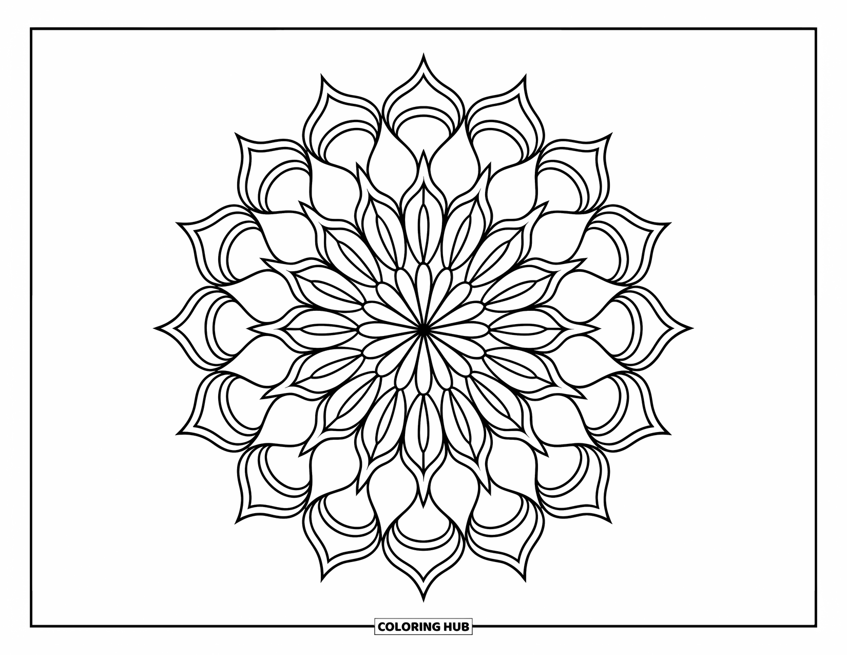 Bloemen Mandala Kleurplaat voor Kinderen: Een mandala met verschillende bloembladlagen die een boeiend cirkelvormig ontwerp vormen