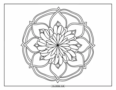 Blumenmandala-Ausmalbild für Kinder: Ein mehrschichtiges Mandala mit stern-, kreis- und dreiecksförmigen Blütenblättern