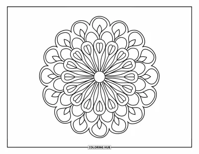 Blumenmandala-Ausmalbild für Kinder: Ein Mandala mit geschichteten Blütenblättern und wechselnden Formen in jedem Ring