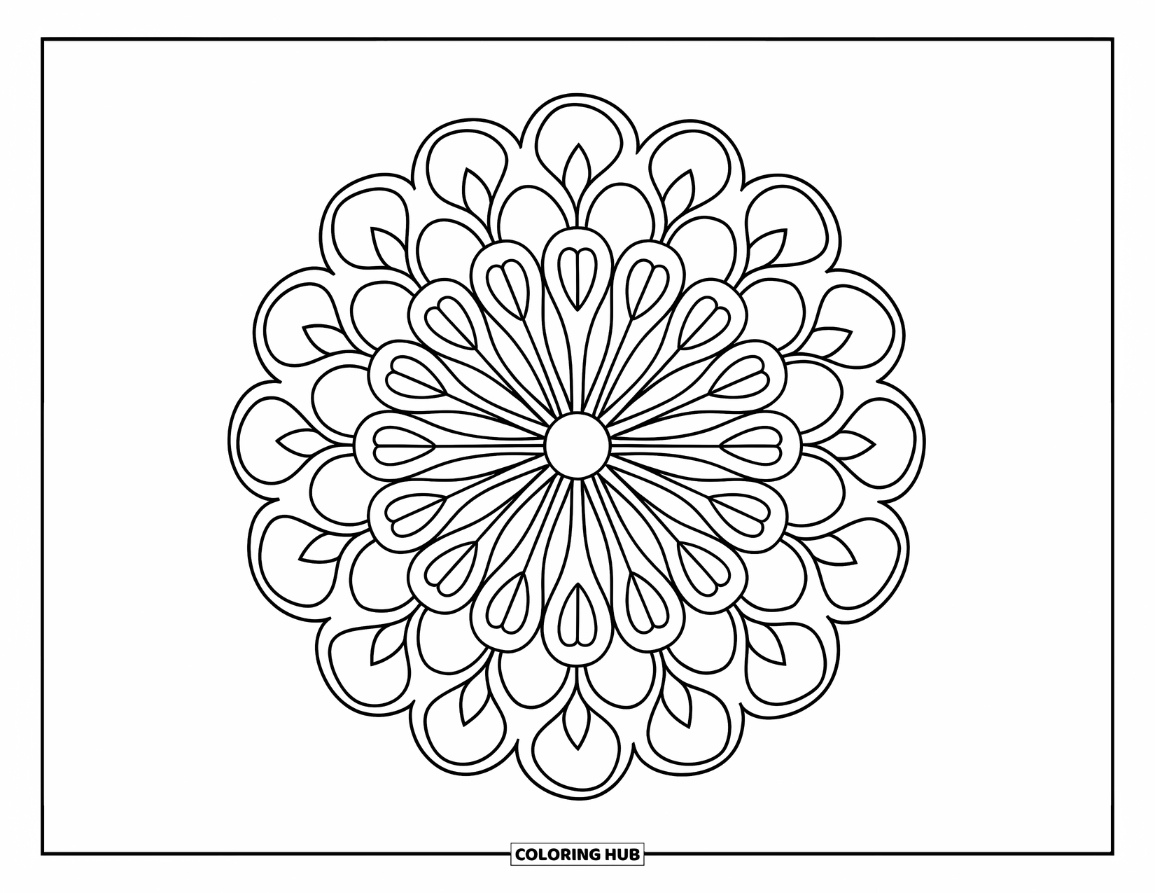 Bloemen Mandala Kleurplaat voor Kinderen: Een bloemblad-gelaagde mandala met verschuivende vormen in elke ring