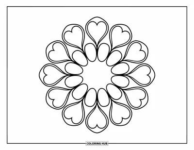 Blumenmandala-Ausmalbild für Kinder: Ein Ring aus herzförmigen Blütenblättern bildet ein süßes und einfaches Mandala