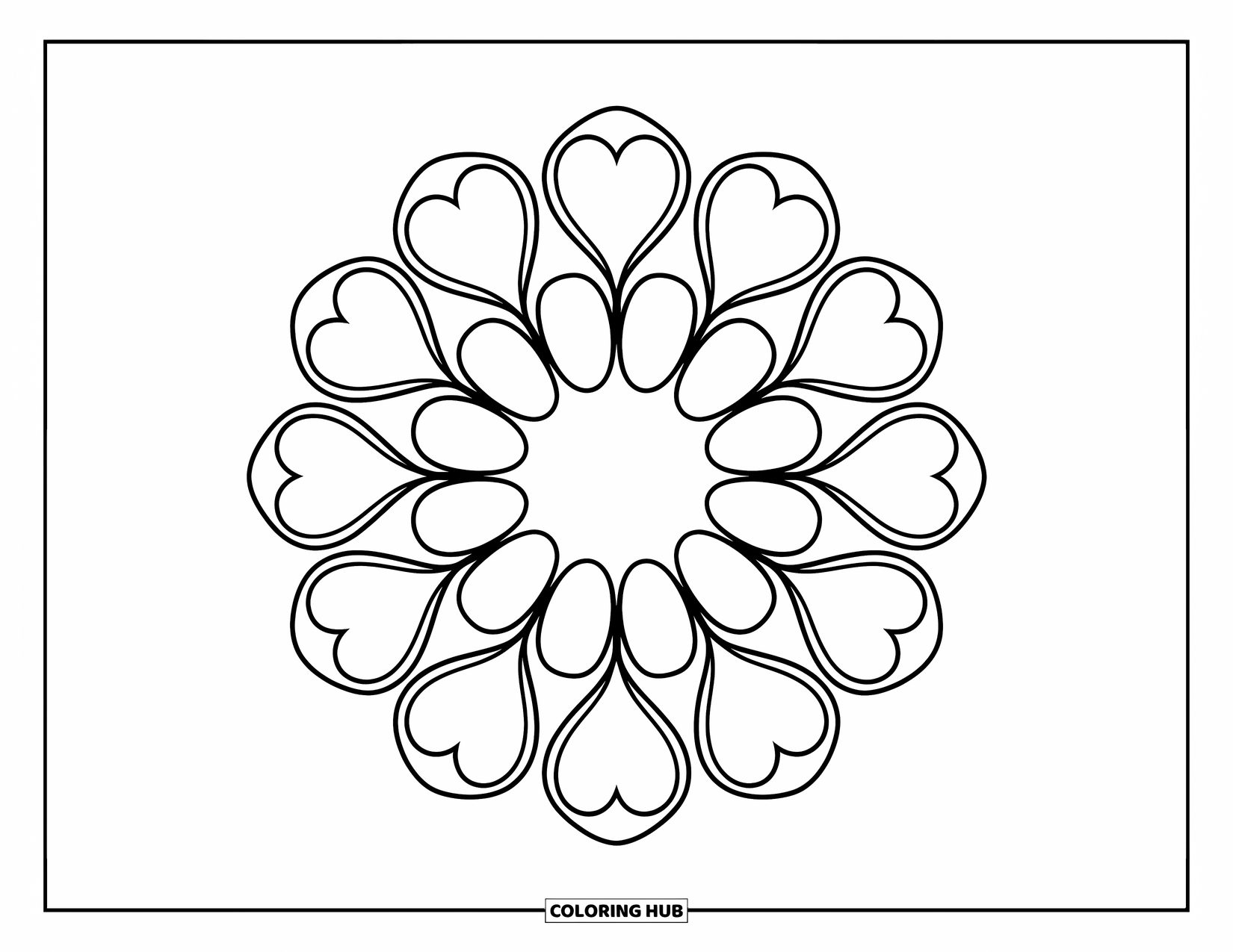Bloemen Mandala Kleurplaat voor Kinderen: Een ring van hartvormige bloemblaadjes vormt een lieve en gemakkelijke mandala
