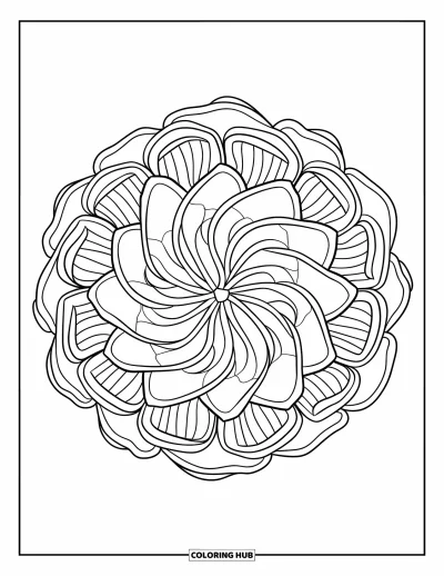 Blumenmandala-Ausmalbild für Kinder: Ein Rosenmandala mit geschichteten Blütenblättern und überlappenden Falten in kräftigen Konturen