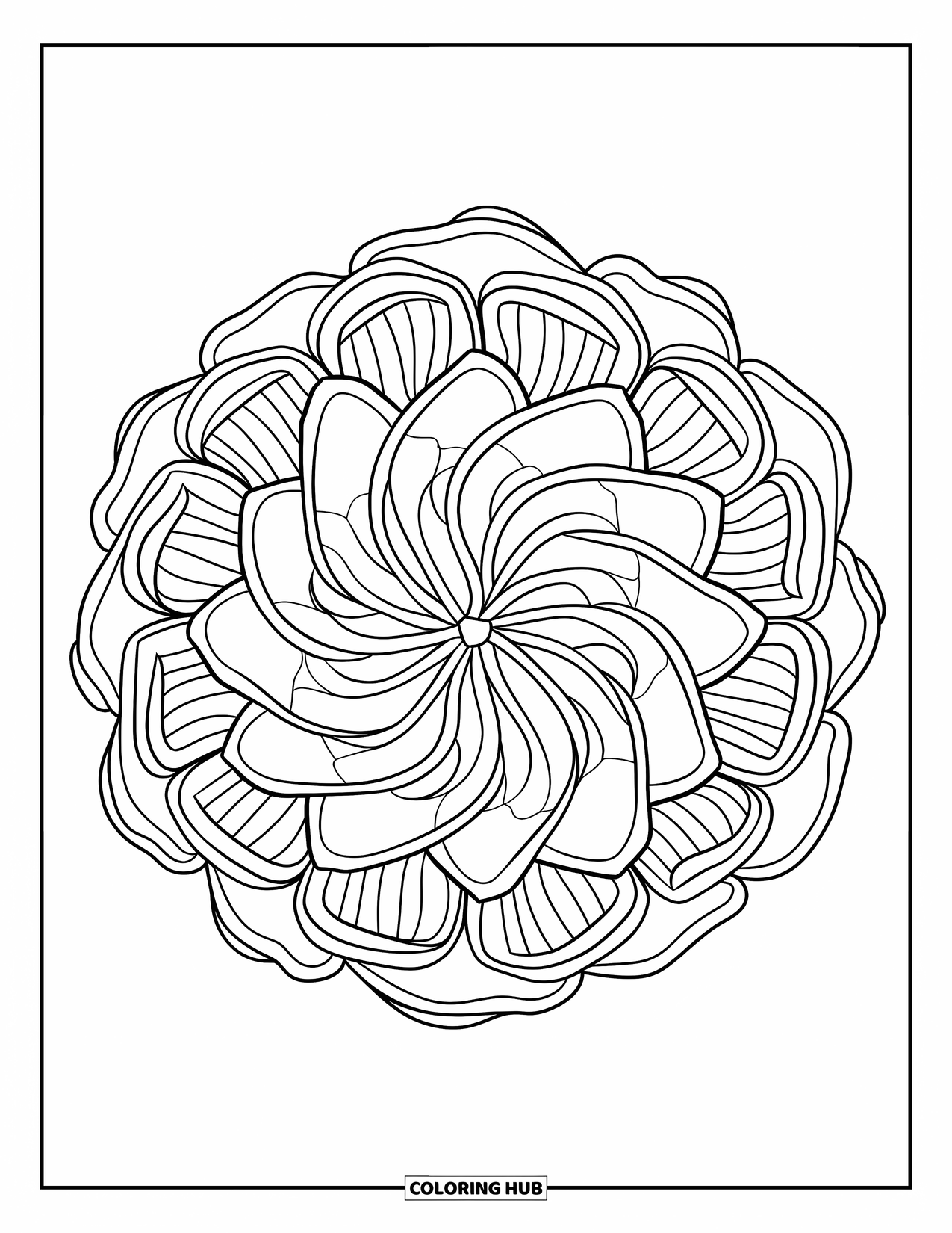 Bloemen Mandala Kleurplaat voor Kinderen: Een rozen mandala met gelaagde bloemblaadjes en overlappende plooien in dikke contouren