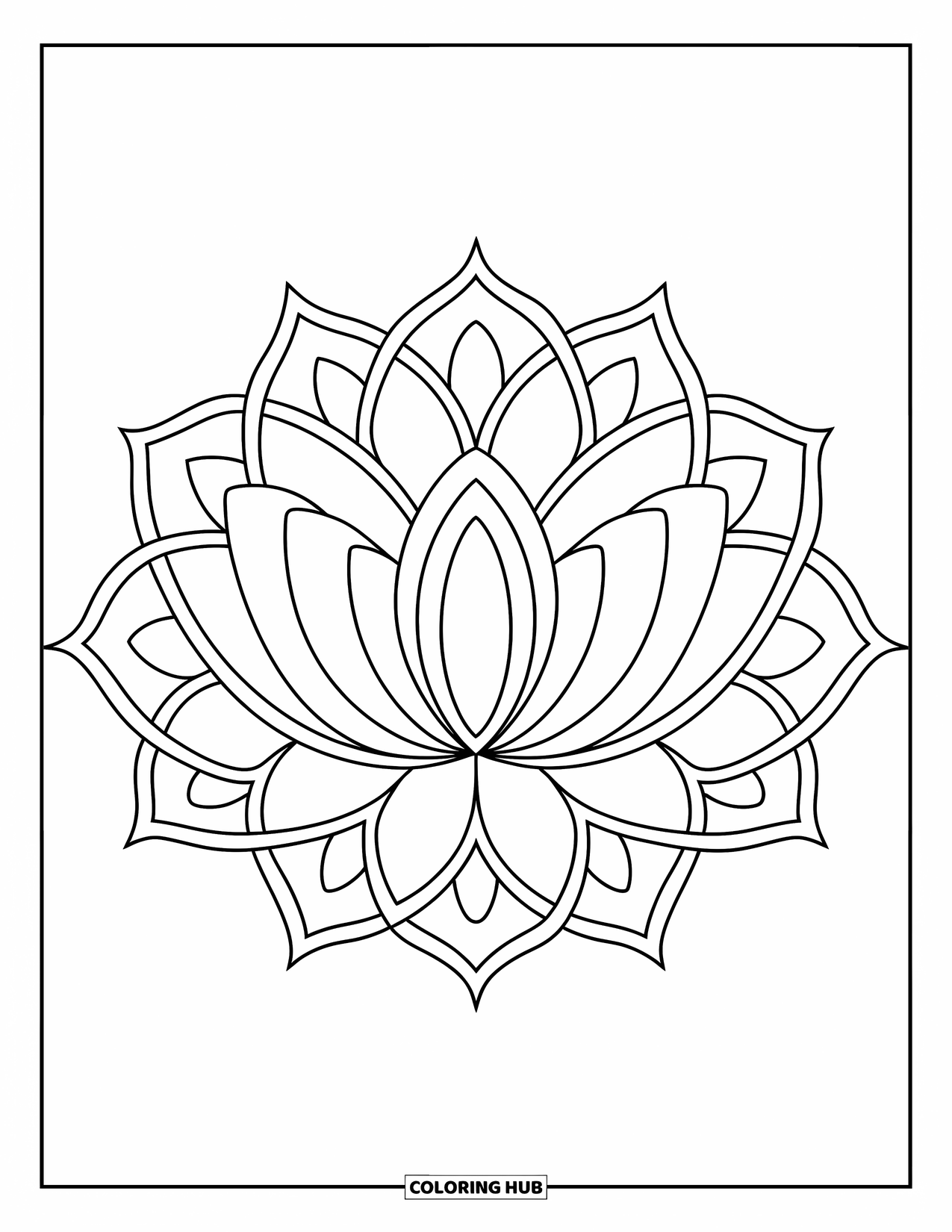 Bloemen Mandala Kleurplaat voor Kinderen: Een eenvoudige lotus mandala met dikke secties, perfect voor kleine handjes