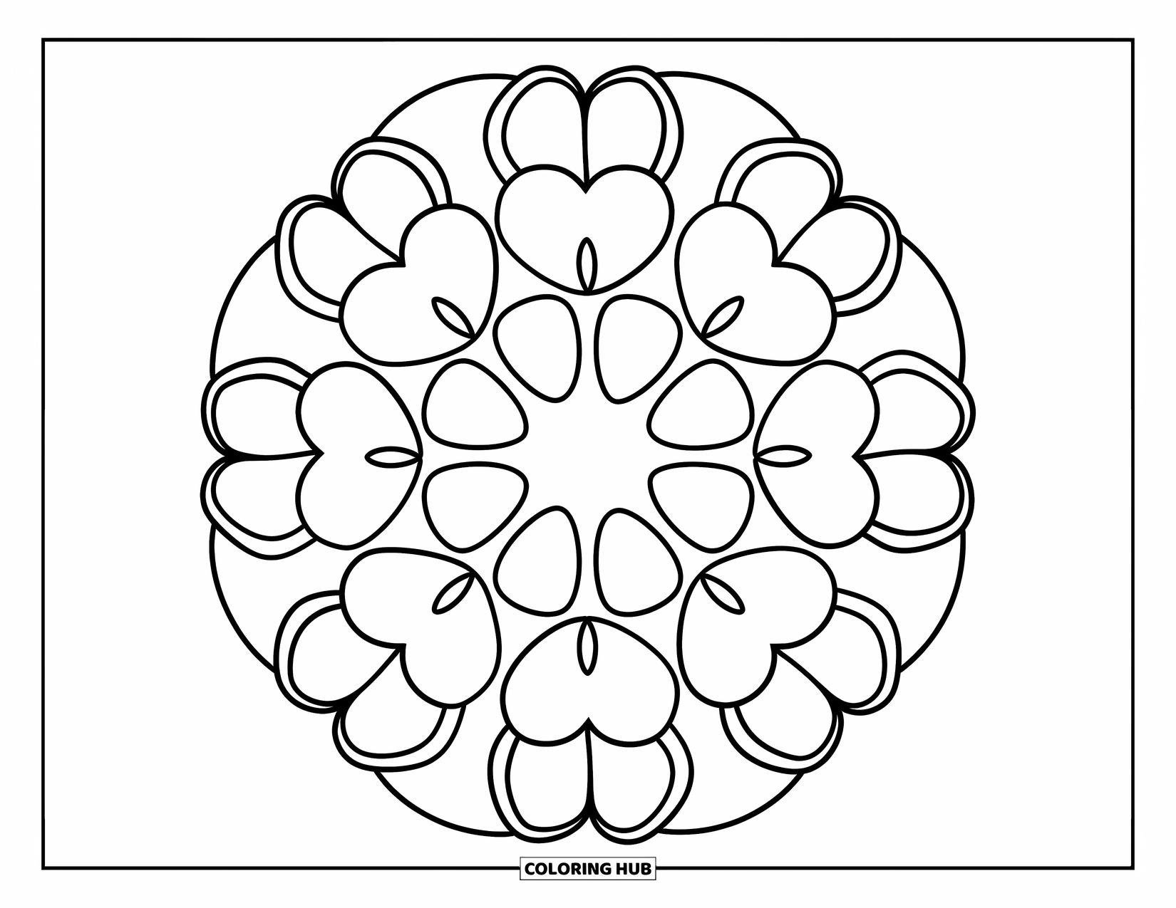 Bloemen Mandala Kleurplaat voor Kinderen: Een eenvoudige mandala gemaakt van grote hartbloemblaadjes met een vrolijk ontwerp