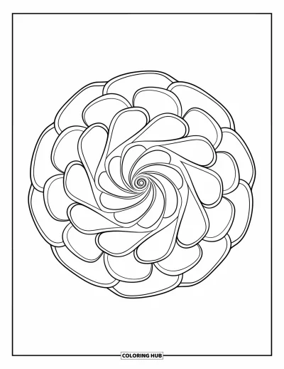Blumenmandala-Ausmalbild für Kinder: Ein spiralförmiges Rosenmandala mit Blütenfalten und klaren, runden Ebenen
