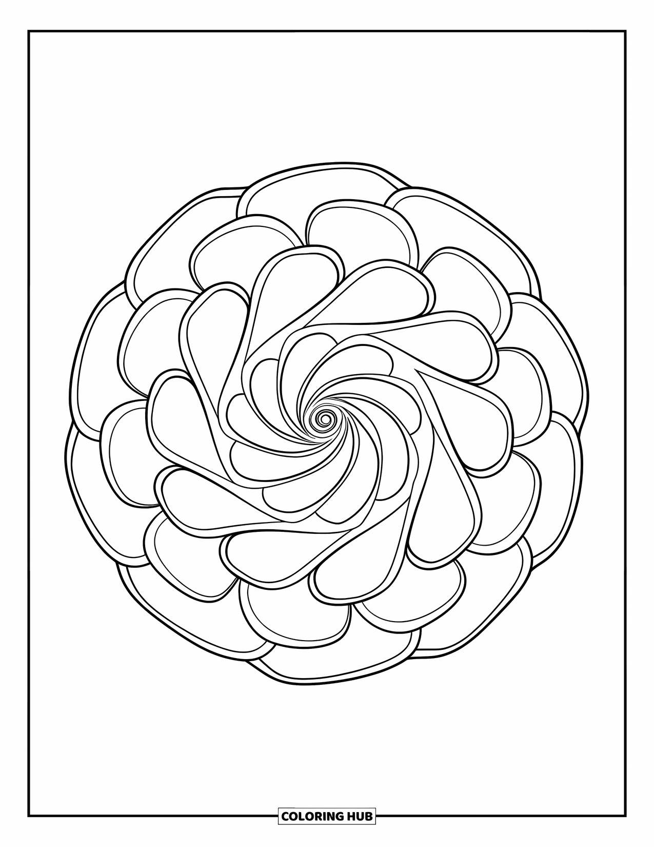 Bloemen Mandala Kleurplaat voor Kinderen: Een spiraalvormige rozen mandala met bloembladplooien en schone, cirkelvormige lagen