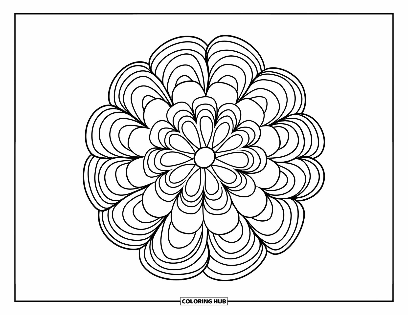 Bloemen Mandala Kleurplaat voor Kinderen: Een spiraalvormige bloemen mandala met groeiende lagen bloemblaadjes in dikke, strakke lijnen