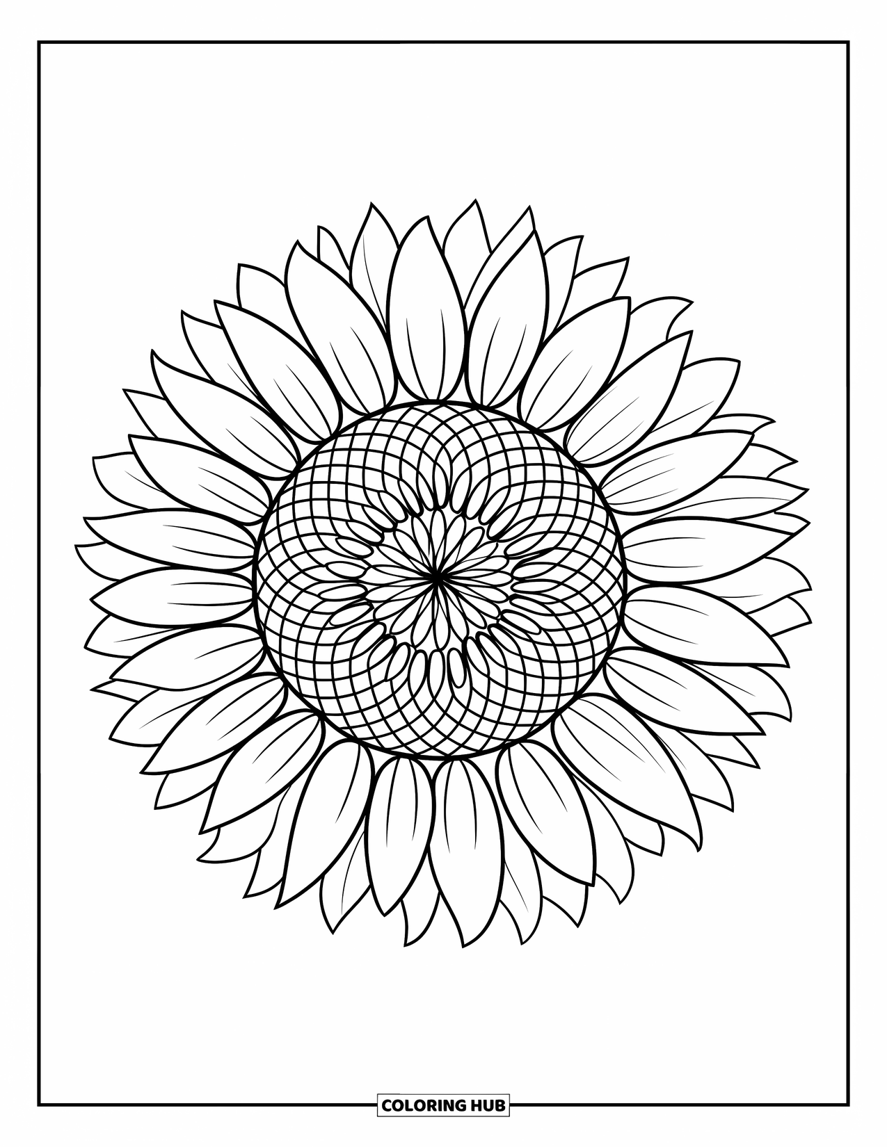 Bloemen Mandala Kleurplaat voor Kinderen: Een spiraalvormige zonnebloem mandala met zeshoekige honingraat in de kern