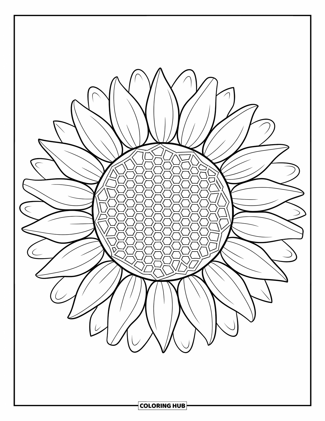 Bloemen Mandala Kleurplaat voor Kinderen: Een zonnebloem mandala met een dik honingraatcentrum in strakke lijnen