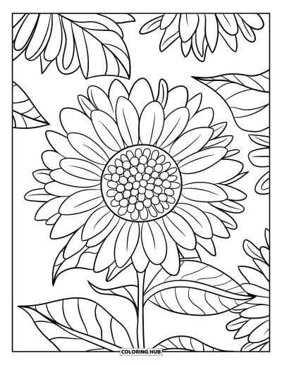 Blumenmandala-Ausmalbild für Kinder: Ein Sonnenblumenmandala mit kräftigen Linien und einfachen, fröhlichen Formen