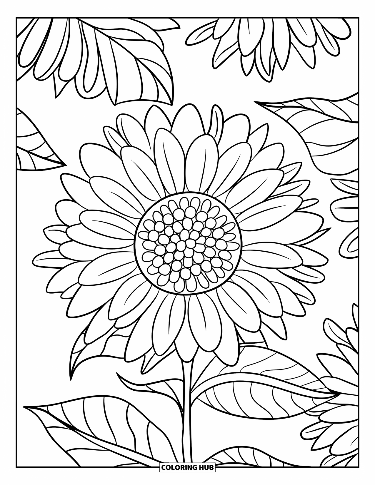 Bloemen Mandala Kleurplaat voor Kinderen: Een zonnebloem mandala met dikke lijnen en eenvoudige, vrolijke vormen
