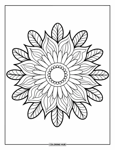 Blumenmandala-Ausmalbild für Kinder: Ein Sonnenblumenmandala mit kräftigen Formen und einem einfachen, fröhlichen Aufbau