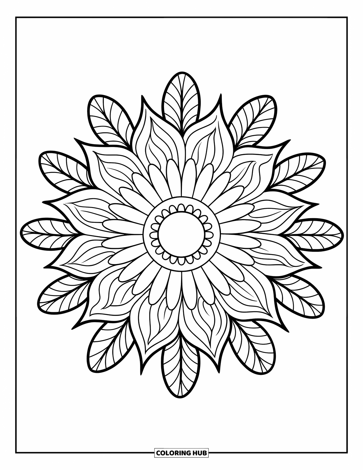 Bloemen Mandala Kleurplaat voor Kinderen: Een zonnebloem mandala met dikke vormen en een eenvoudige, leuke lay-out