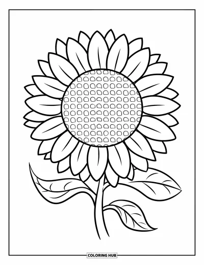 Blumenmandala-Ausmalbild für Kinder: Ein Sonnenblumenmandala mit markanten Blättern und wiederholten Blütenblättern