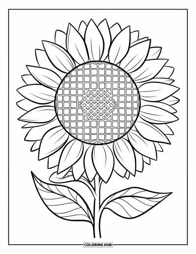 Blumenmandala-Ausmalbild für Kinder: Ein Sonnenblumenmandala mit feinen Blütenblättern und einem Honigwabenkreis in der Mitte