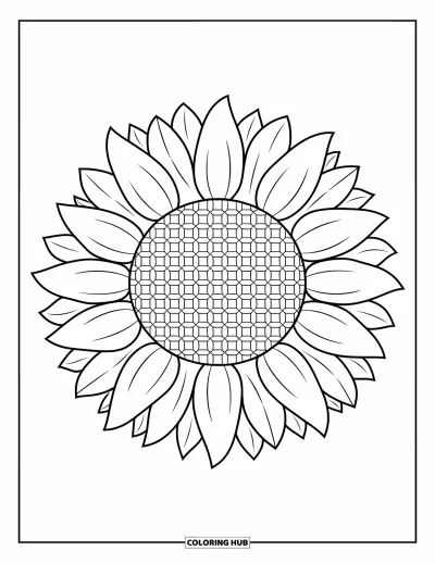 Blumenmandala-Ausmalbild für Kinder: Eine Sonnenblume mit langen Blütenblättern umgibt eine Honigwabenmitte in kräftigen Konturen