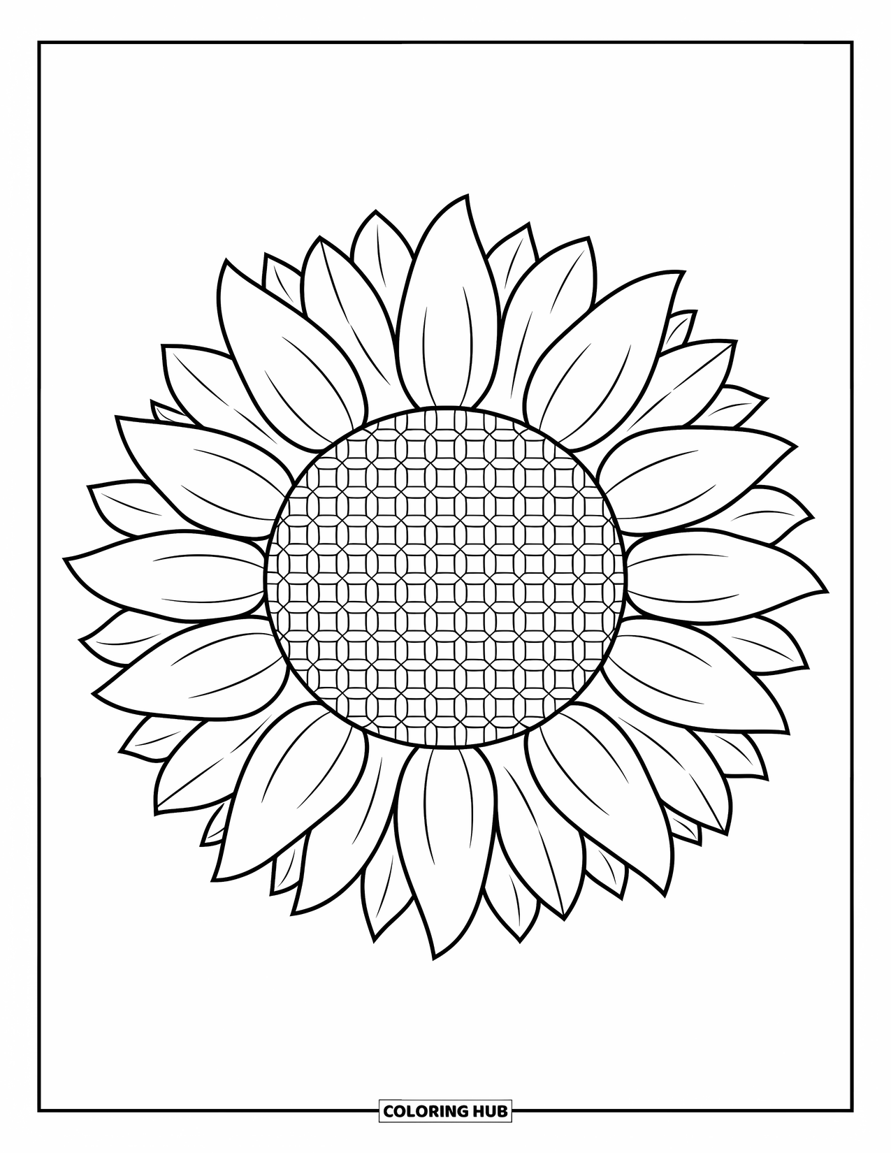Bloemen Mandala Kleurplaat voor Kinderen: Een zonnebloem met lange bloemblaadjes omringt een honingraatcentrum in dikke contouren