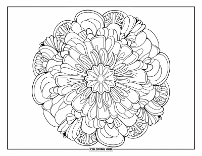Blumenmandala-Ausmalbild für Kinder: Ein aufblühendes Blumenmandala mit Rosen, Gänseblümchen und Lilien in kräftigen Ebenen