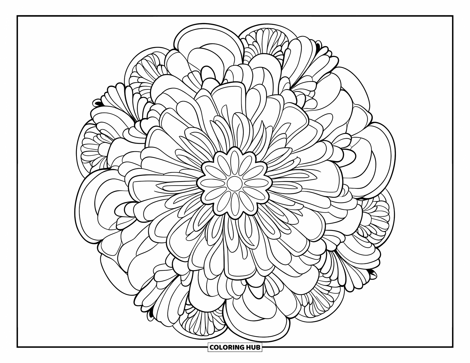 Bloemen Mandala Kleurplaat voor Kinderen: Een exploderende bloemen mandala met rozen, madeliefjes en lelies in dikke lagen