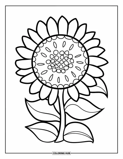 Blumenmandala-Ausmalbild für Kinder: Große Blütenblätter und markante Blätter ergeben ein sonniges Sonnenblumenmandala