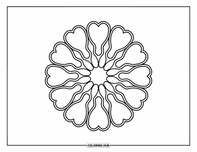 Blumenmandala-Ausmalbild für Kinder: Herzförmige Blütenblätter bilden ein kräftiges, rundes Mandala, perfekt für Vorschulkinder