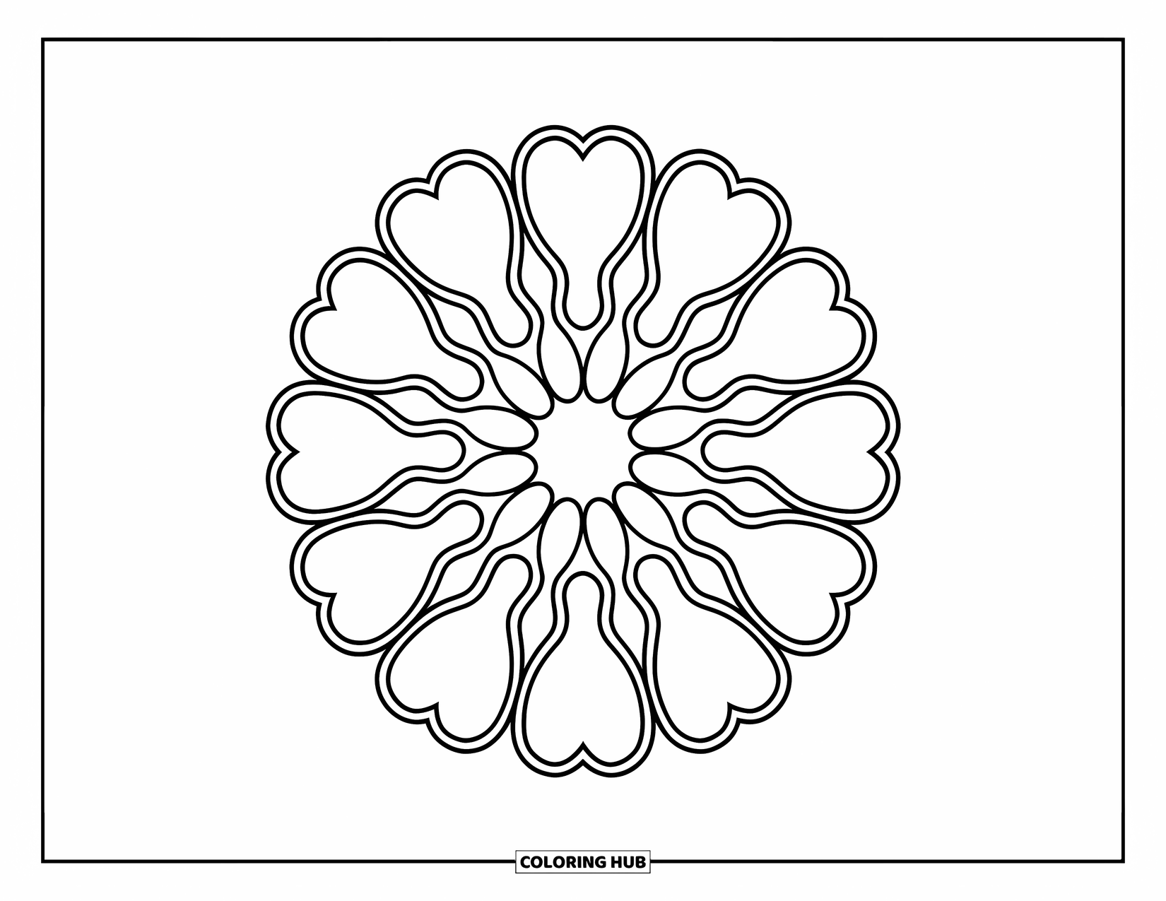Bloemen Mandala Kleurplaat voor Kinderen: Hartvormige bloemblaadjes creëren een dikke, cirkelvormige mandala perfect voor kleuters
