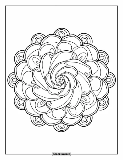 Blumenmandala-Ausmalbild für Kinder: Geschichtete Rosen bilden ein konzentrisches Mandala mit Wirbeln und kleinen Mustern