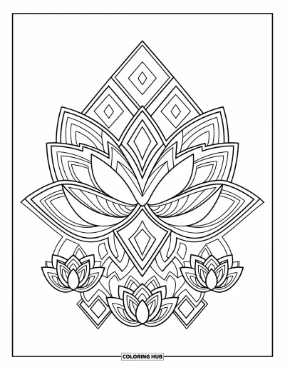 Blumenmandala-Ausmalbild für Kinder: Lotusblütenblätter und Rauten verbinden sich zu einem Mandala mit geschichteten, fließenden Formen
